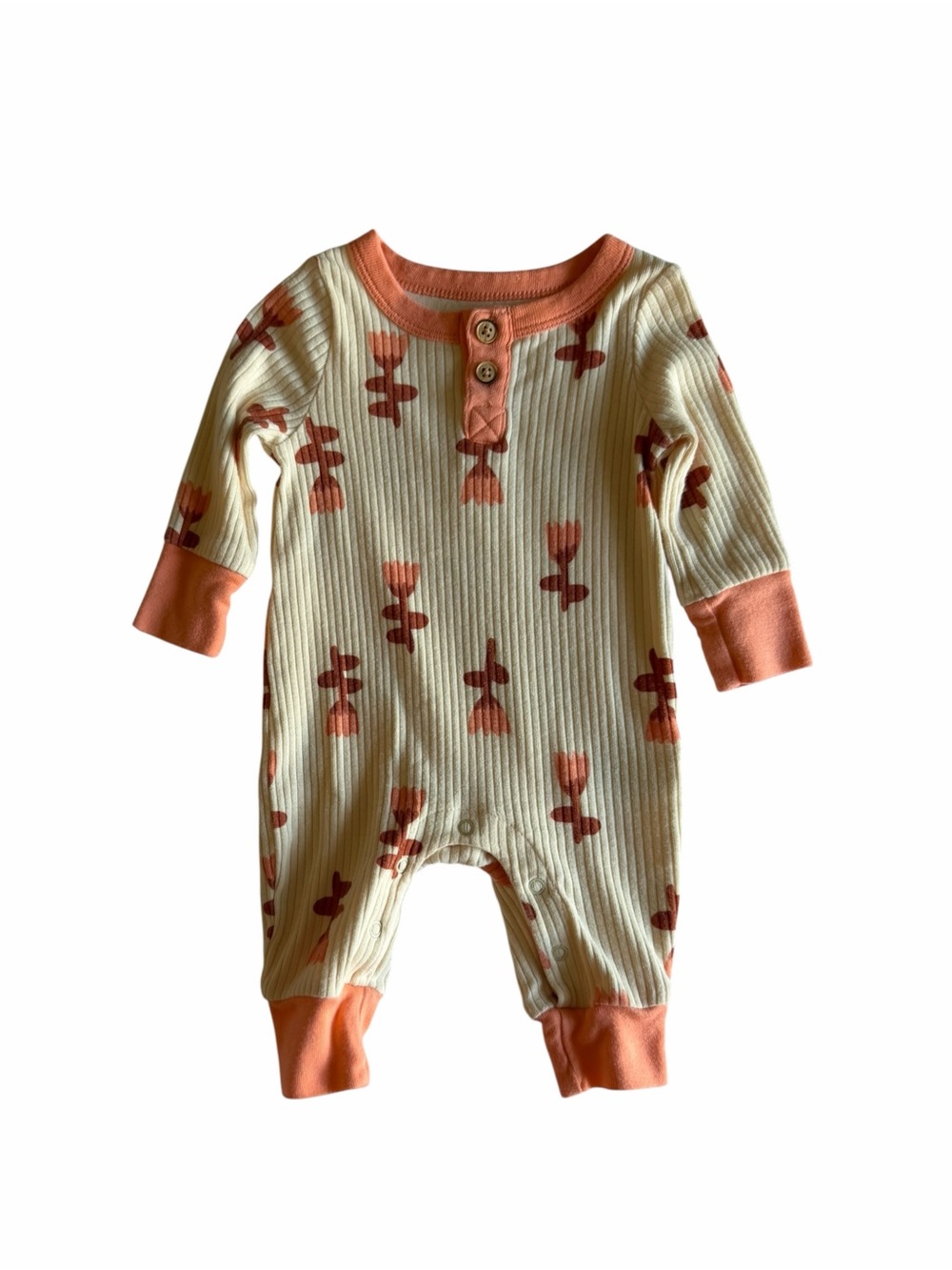 Cream & Coral Floral Ribbed Baby One-Piece Romper